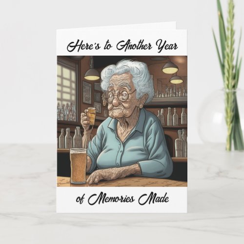 Aging Humor  Forgetful Old Lady Drinking Birthday Card