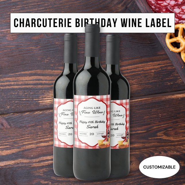 'Aging Like Fine Wine' Charcuterie Picnic Birthday Wine Label (Creator Uploaded)