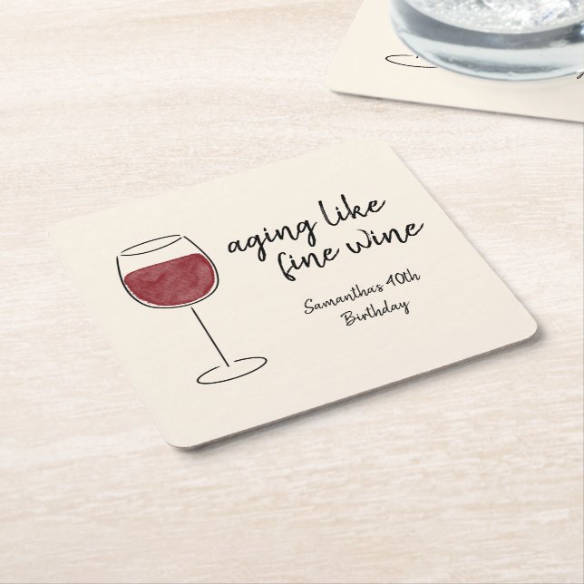 Aging Like Fine Wine Red Wine Glass Birthday Square Paper Coaster (Angled)
