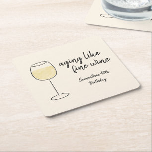 Aging Like Fine Wine White Wine Glass Birthday Square Paper Coaster
