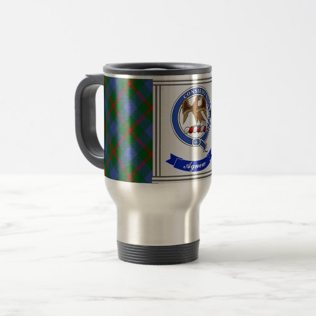 Agnew Clan Badge & Tartan Personalized Travel Mug (Front Left)