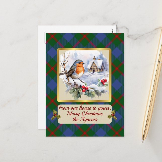 Agnew Crest & Tartan w/Robin Personalized  Holiday Postcard (Front/Back In Situ)