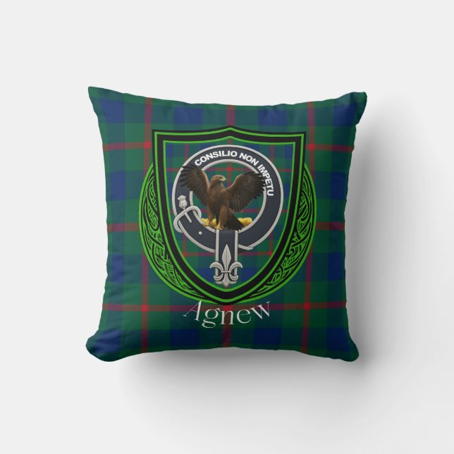 Agnew Scottish Clan Tartan & Crest Throw Pillow (Front)