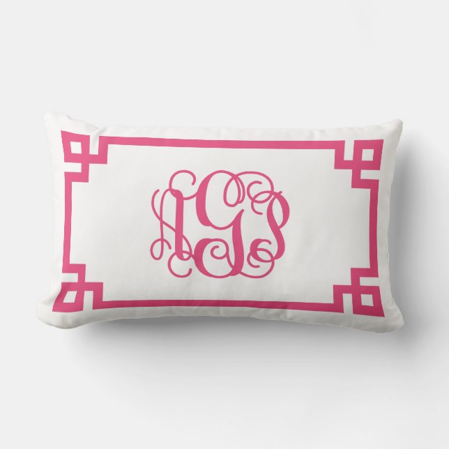 AGP Hot Pink Greek Key Script Monogram Lumbar Pillow (Front)