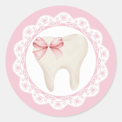 Agra Hadig _ First tooth Pink bow Classic Round Sticker