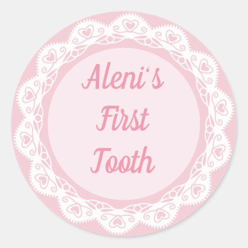 Agra Hadig _ First tooth with Name Customizable Classic Round Sticker