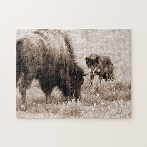 Agressive bison and black wolf jigsaw puzzle
