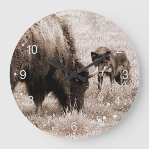 Agressive bison and black wolf large clock