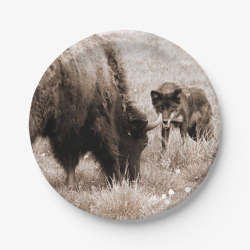 Agressive bison and black wolf paper plates