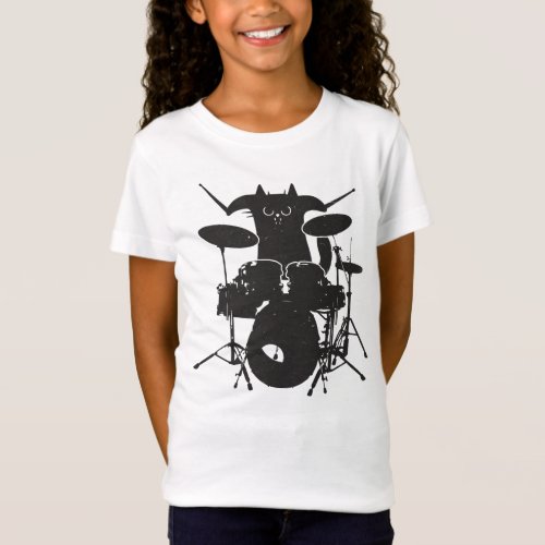 Agry black cat playing drumms kids T_Shirt