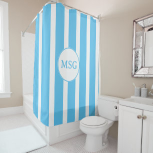 Agua Blue and White Cabana Striped Monogram Shower Curtain
