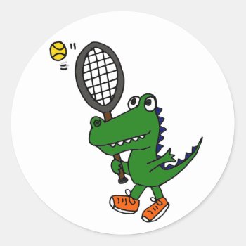 Ah- Funny Gator Playing Tennis Classic Round Sticker by tickleyourfunnybone at Zazzle