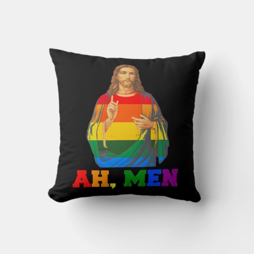 Ah Men Christmas Funny LGBT Q Pride Jesus Gay Throw Pillow