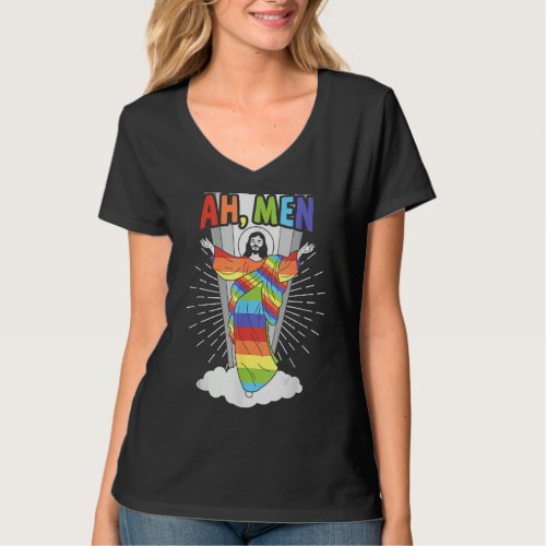 Ah Men Cute LGBT Gay Pride Jesus Rainbow Flag Chri T_Shirt