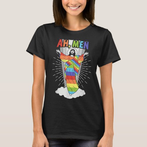 Ah Men Cute LGBT Gay Pride Jesus Rainbow Flag Chri T_Shirt