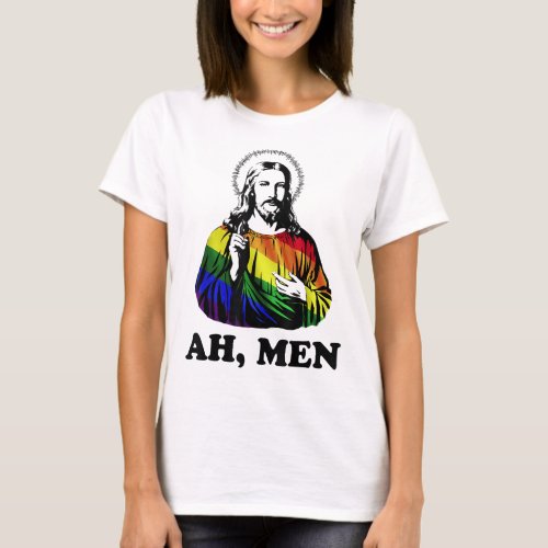 Ah Men Funny Jesus Christian Rainbow LGBT Pride M T_Shirt