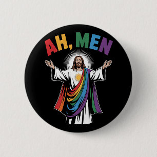Ah Men Funny Jesus LGBTQ Gay Pride Rainbow Button