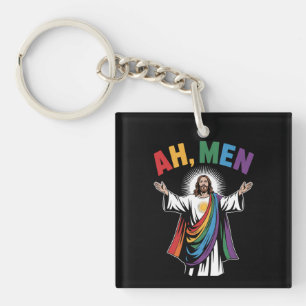 Ah Men Funny Jesus LGBTQ Gay Pride Rainbow Keychain