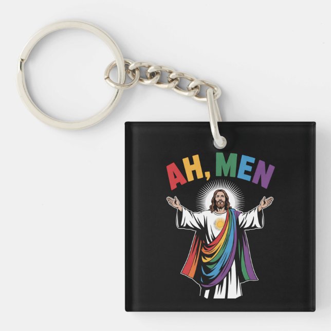 Ah Men Funny Jesus LGBTQ Gay Pride Rainbow Keychain (Front)