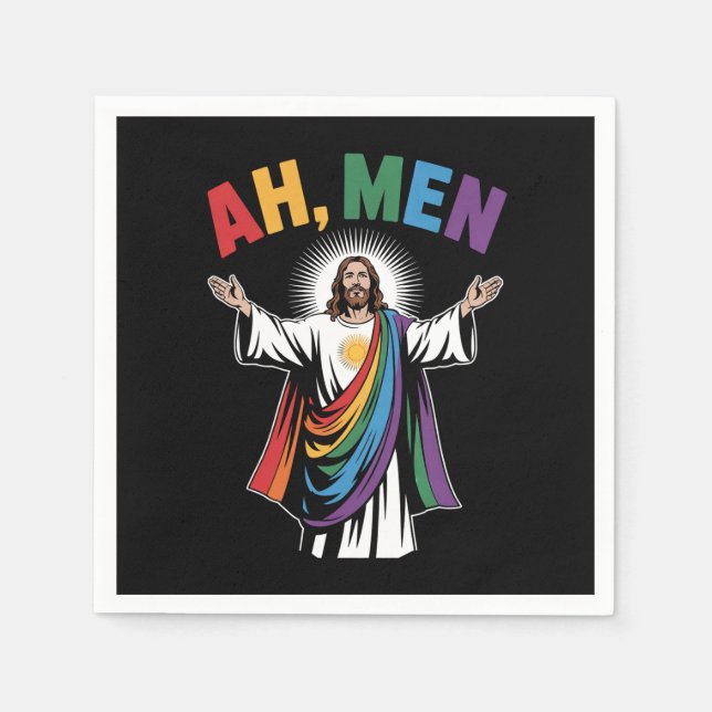 Ah Men Funny Jesus LGBTQ Gay Pride Rainbow Napkins (Front)