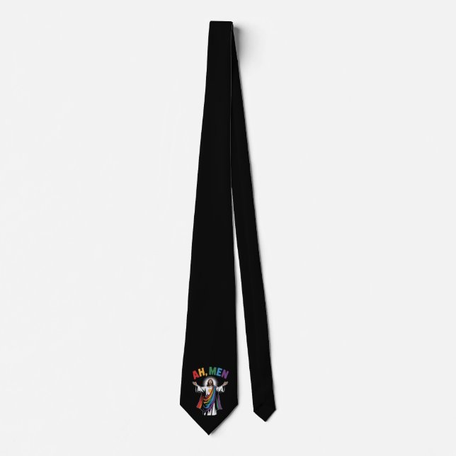 Ah Men Funny Jesus LGBTQ Gay Pride Rainbow Neck Tie (Front)