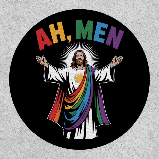 Ah Men Funny Jesus LGBTQ Gay Pride Rainbow Patch (Front)