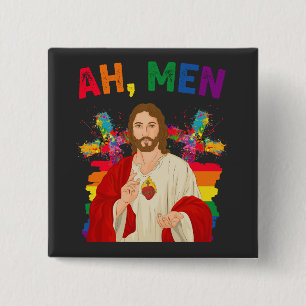 Ah Men Funny LGBT Gay Pride Jesus Christian Button