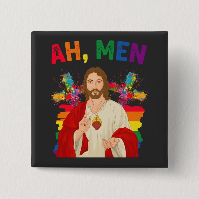 Ah Men Funny LGBT Gay Pride Jesus Christian Button (Front)