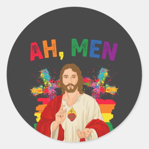 Ah Men Funny LGBT Gay Pride Jesus Christian Classic Round Sticker