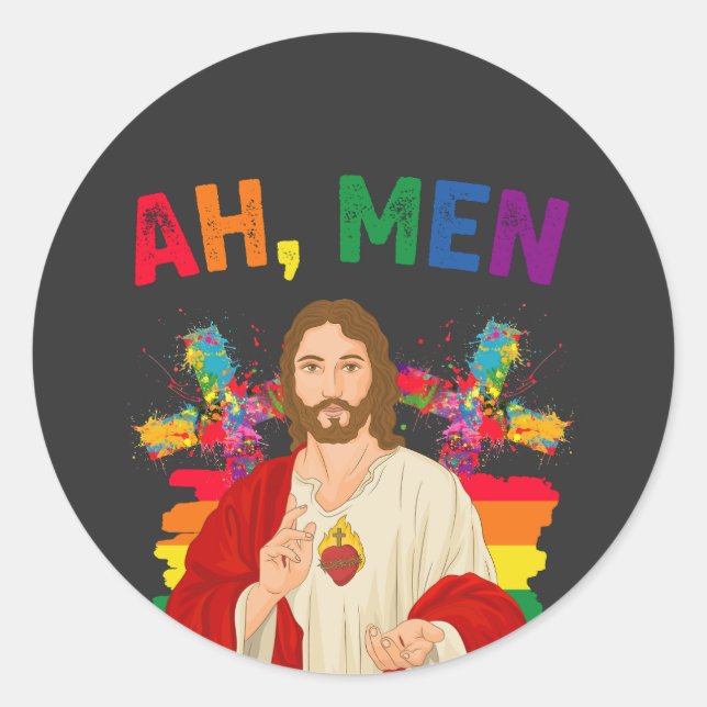 Ah Men Funny LGBT Gay Pride Jesus Christian Classic Round Sticker (Front)