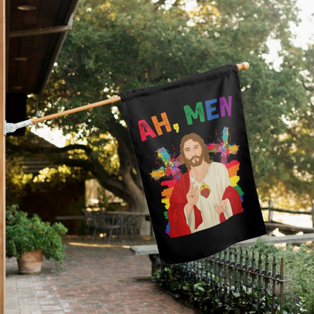 Ah Men Funny LGBT Gay Pride Jesus Christian House Flag (In SItu)