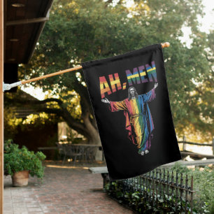 Ah Men Funny LGBT Gay Pride Jesus Christian House Flag