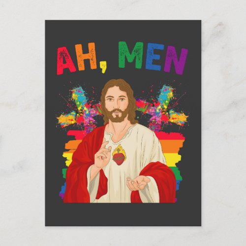 Ah Men Funny LGBT Gay Pride Jesus Christian Invitation Postcard