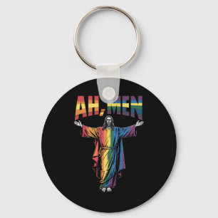 Ah Men Funny LGBT Gay Pride Jesus Christian Keychain
