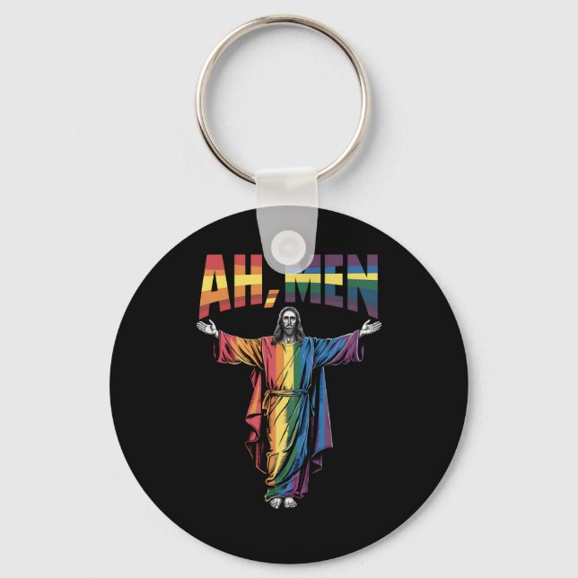 Ah Men Funny LGBT Gay Pride Jesus Christian Keychain (Front)