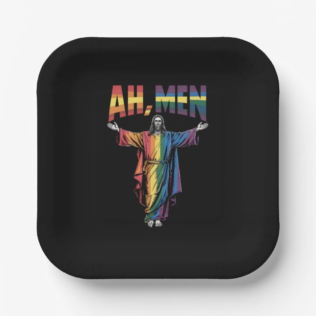 Ah Men Funny LGBT Gay Pride Jesus Christian Paper Plates (Front)