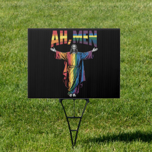 Ah Men Funny LGBT Gay Pride Jesus Christian Sign