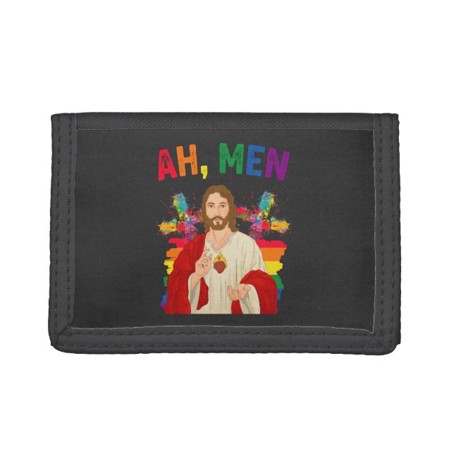Ah Men Funny LGBT Gay Pride Jesus Christian Trifold Wallet (Front)