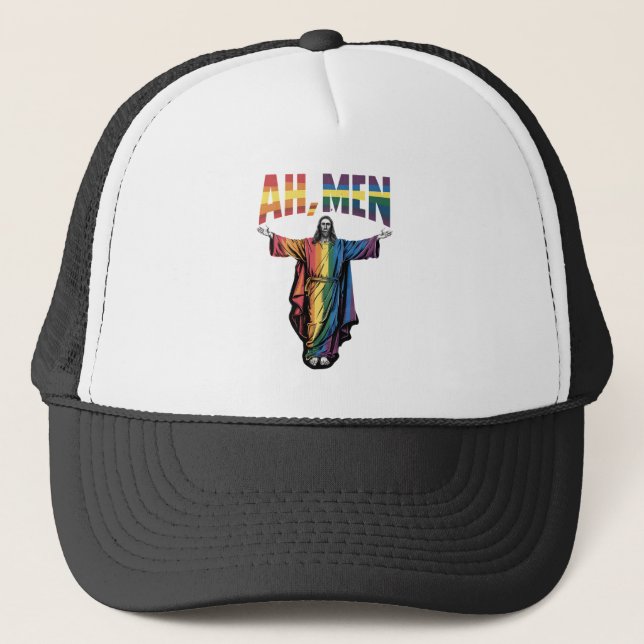 Ah Men Funny LGBT Gay Pride Jesus Christian Trucker Hat (Front)