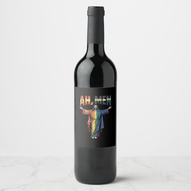 Ah Men Funny LGBT Gay Pride Jesus Christian Wine Label (Front)