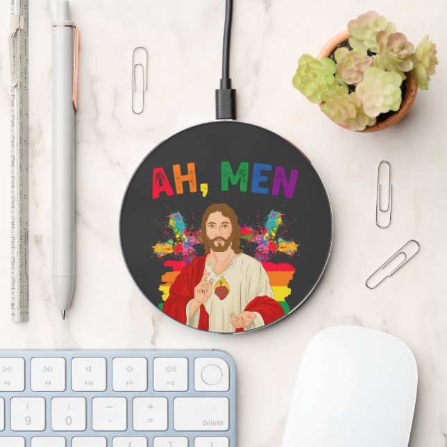 Ah Men Funny LGBT Gay Pride Jesus Christian Wireless Charger (Desk)