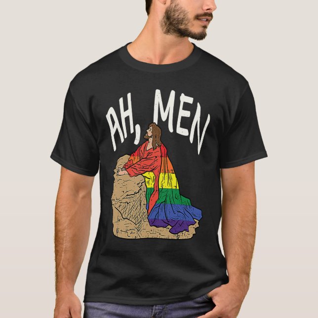 Ah Men Funny LGBT Gay Pride Jesus Prayer Rainbow F T-Shirt (Front)