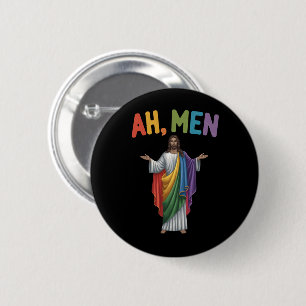 Ah Men Funny LGBT Gay Pride Jesus Rainbow Flag Button