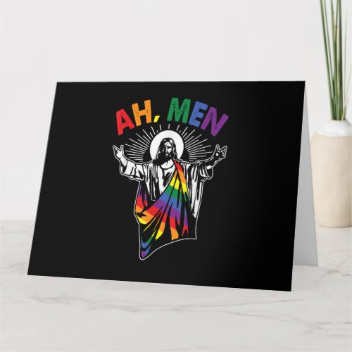 Ah Men Funny LGBT Gay Pride Jesus Rainbow Flag Chr Card