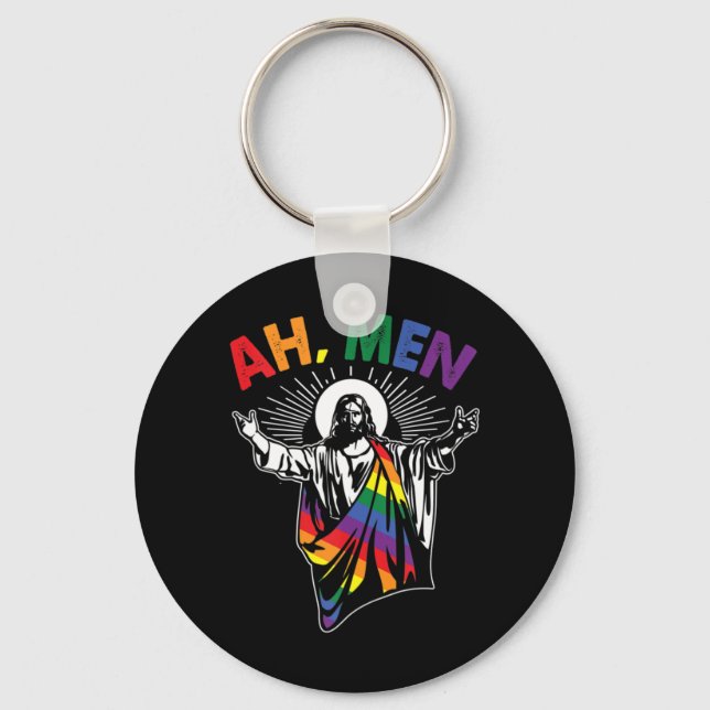 Ah Men Funny LGBT Gay Pride Jesus Rainbow Flag Chr Keychain (Front)