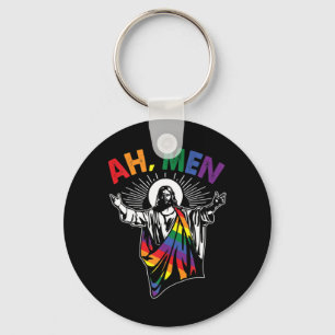 Ah Men Funny LGBT Gay Pride Jesus Rainbow Flag Chr Keychain