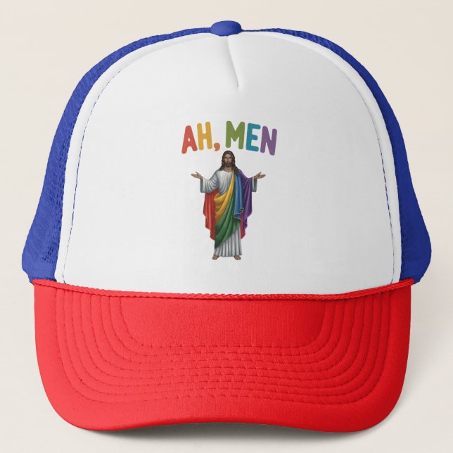 Ah Men Funny LGBT Gay Pride Jesus Rainbow Flag Trucker Hat (Front)