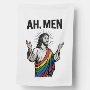 Ah Men Funny LGBT Gay Pride Jesus Rainbow House Flag