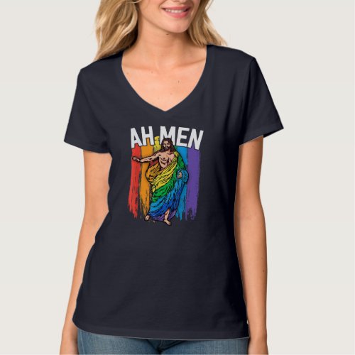 Ah Men Gay Jesus Funny LGBTQ Gifts Rainbow T_Shirt