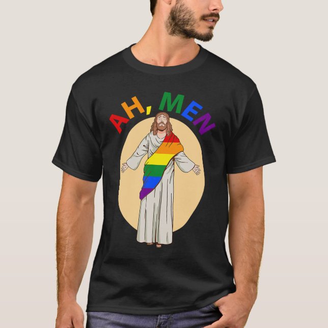 Ah Men Gay Pride Jesus Rainbow  LGBT Flag Christia T-Shirt (Front)